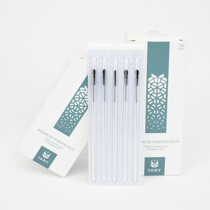 Agujas de punción seca TONY con tubo guía, caja de 100 unidades estériles de acero inoxidable quirúrgico.