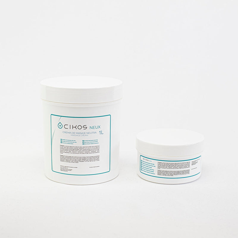 Crema de masaje profesional CIKOS NEUX, presentación conjunta de 250 ml y 1 litro.