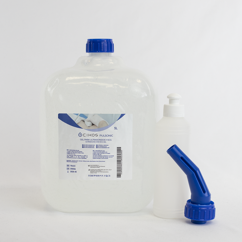 Gel de ultrasonidos Cikos Pulsonic de 5 litros con dispensador azul y botella auxiliar