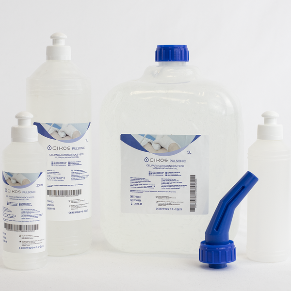 Formatos disponibles del gel de ultrasonidos Cikos Pulsonic en 250 ml, 1 litro y 5 litros