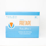Caja de 48 unidades de vendaje de espuma Vendari Pretape 7 cm × 27 m en color beige y blanco – producto profesiona