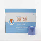 Venda de espuma Vendari Pretape color azul de 7 cm x 27 m, utilizada como base protectora antes del vendaje neuromuscular o tape.