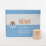 Caja de vendas Vendari Pretape color beige de 7 cm × 27 m con una unidad de venda de espuma delante – producto Fimefy
