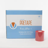 Venda de espuma Vendari Pretape color rojo de 7 cm x 27 m, foam underwrap para fisioterapia y taping deportivo.