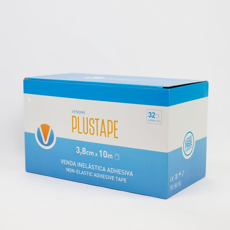 Caja de 32 unidades Vendari Plustape 3,8 cm x 10 m con logotipo azul y naranja, producto profesional.
