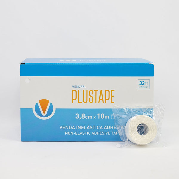 Caja y rollo de venda adhesiva Vendari Plustape, ideal para vendajes funcionales y deportivos.