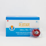 Caja y rollo de venda inelástica adhesiva Vendari Plustape roja 3,8 cm × 10 m, ideal para clínicas y fisioterapeutas.