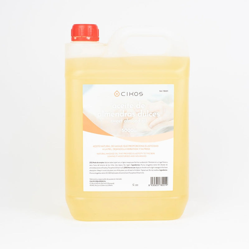 Garrafa de 5 litros de aceite de almendra dulce Cikos con etiqueta profesional, aceite natural para masaje e hidratación corporal.